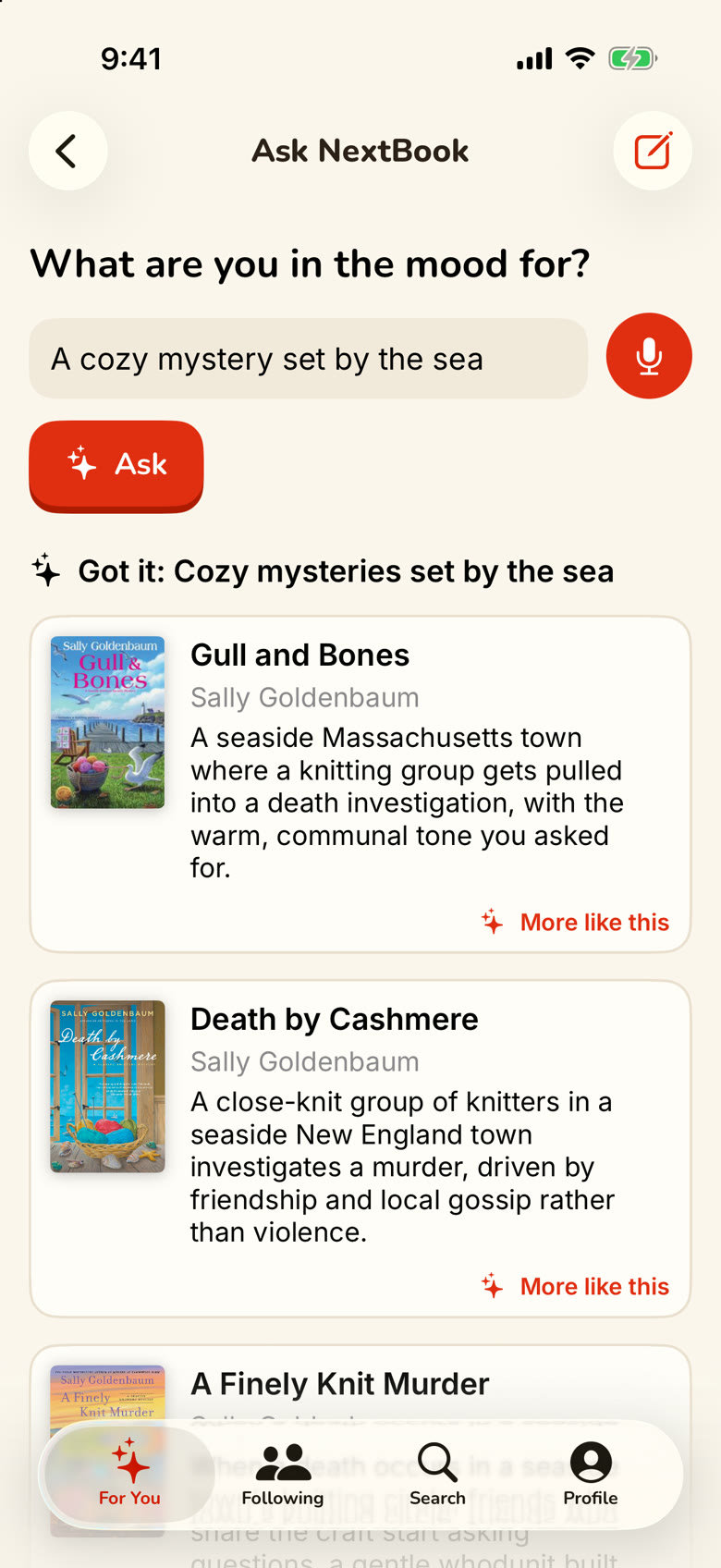 Ask NextBook answering a request for cozy mysteries set by the sea